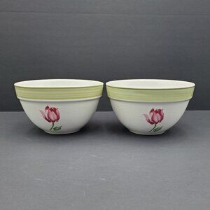 Thomson Pottery Gina Soup Cereal Bowls Red Pink Tulip Flower Small Serving Bowls